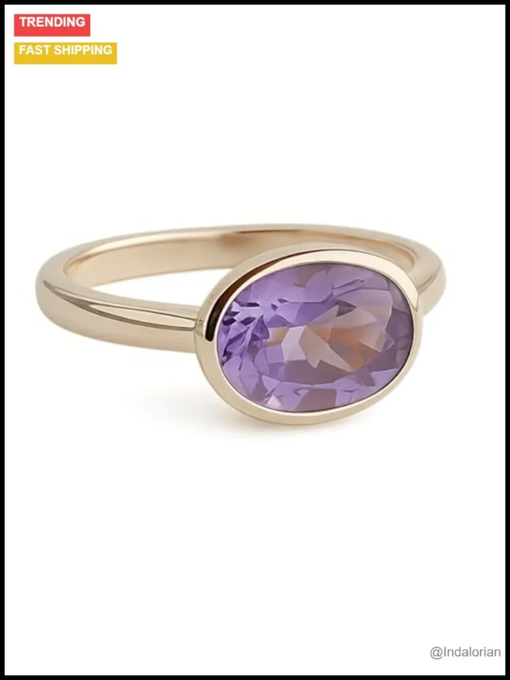 Amethyst Oval Ring 8x10mm 925 Sterling Silver 3 Micron Gold Plated Bezel Set